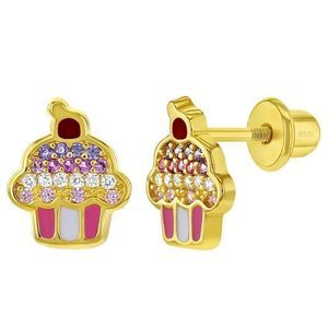 925 Sterling Silver Gold Plated Enamel Multicolor CZ Cupcake Screw Back Earrings